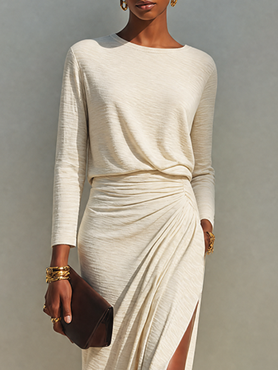 Noeza | Maxi Dress Cream Ruched Long Sleeve