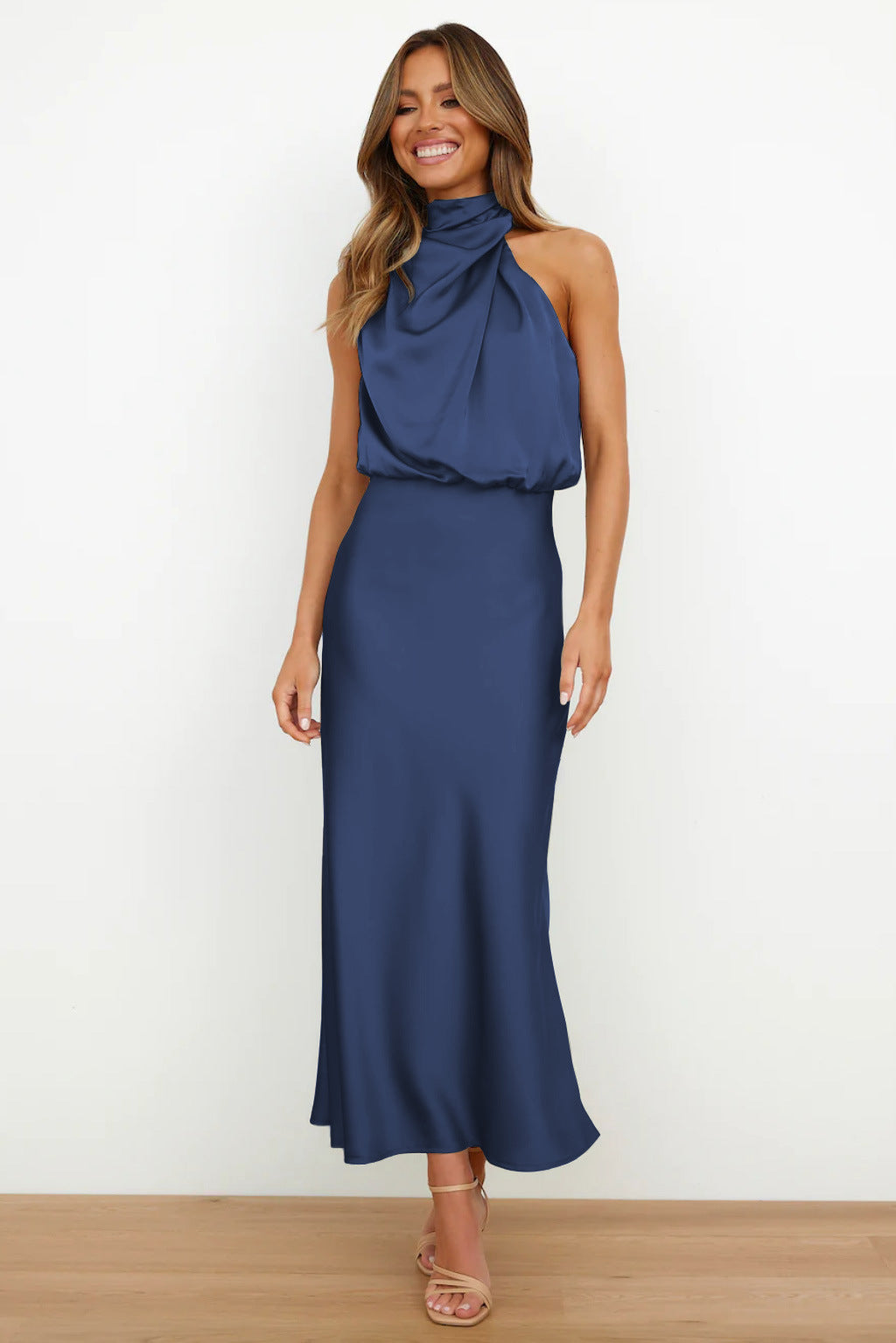 Kangana | Sleeveless High Neck Satin Maxi Dress