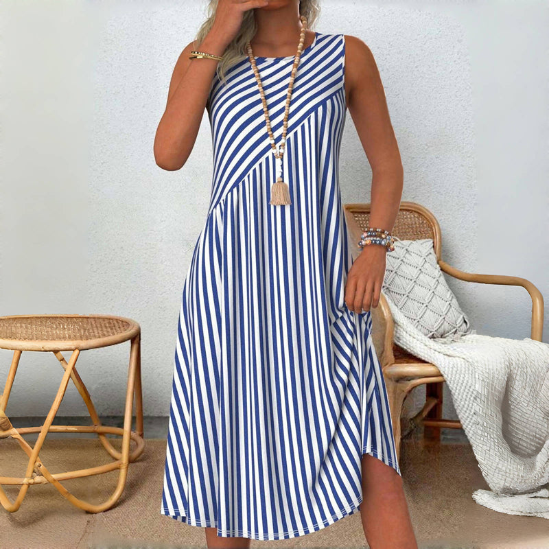 Emeely - Sleeveless Blue Stripe Midi Dress