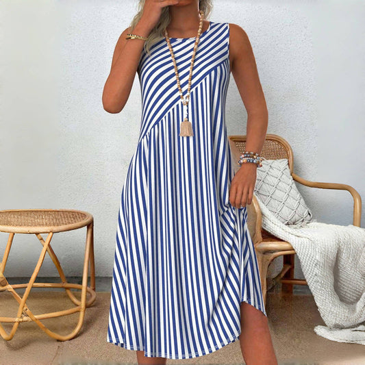 Emeely - Sleeveless Blue Stripe Midi Dress
