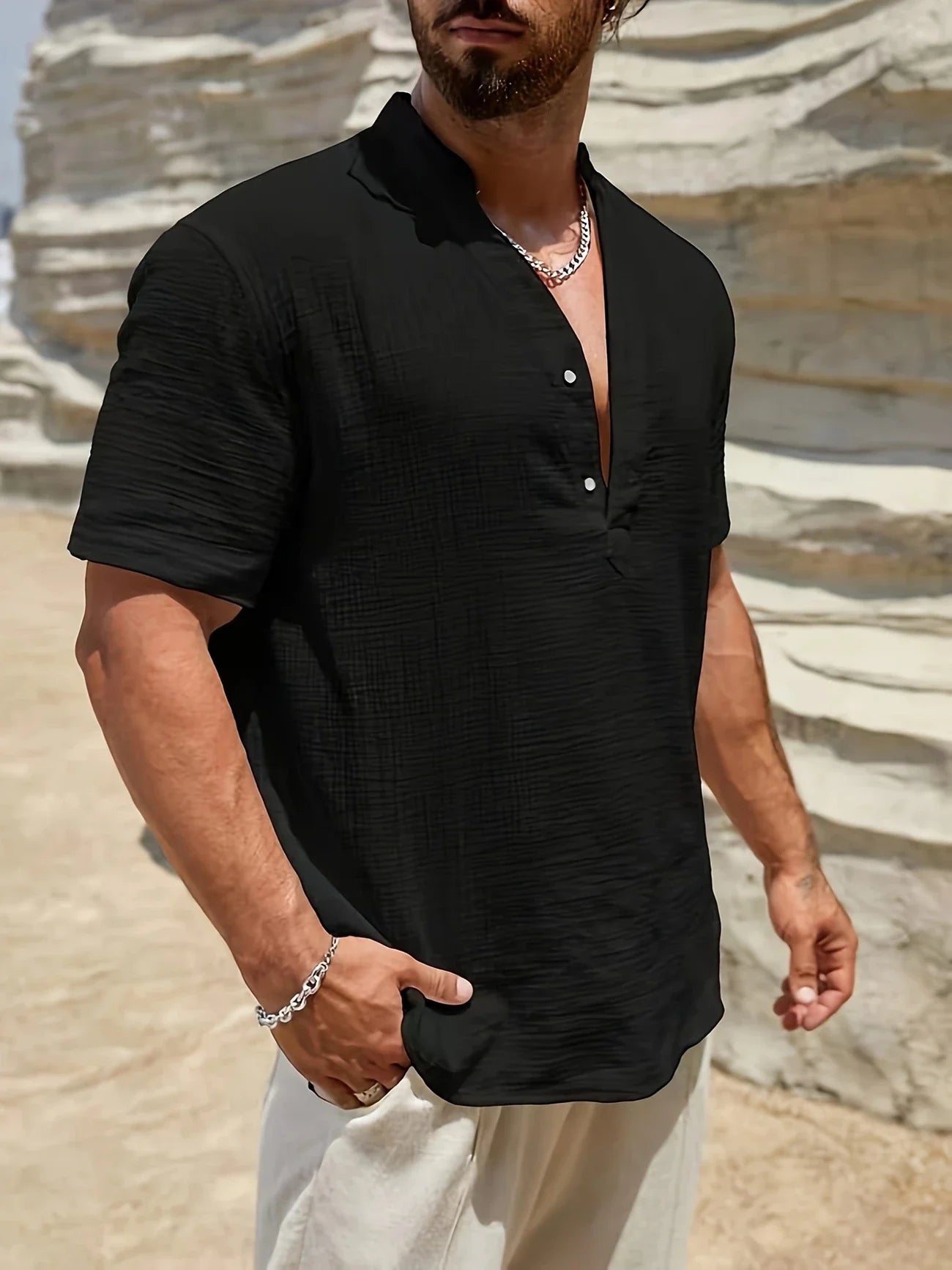 Sancho | Short Sleeve Stand Collar Henley Shirt
