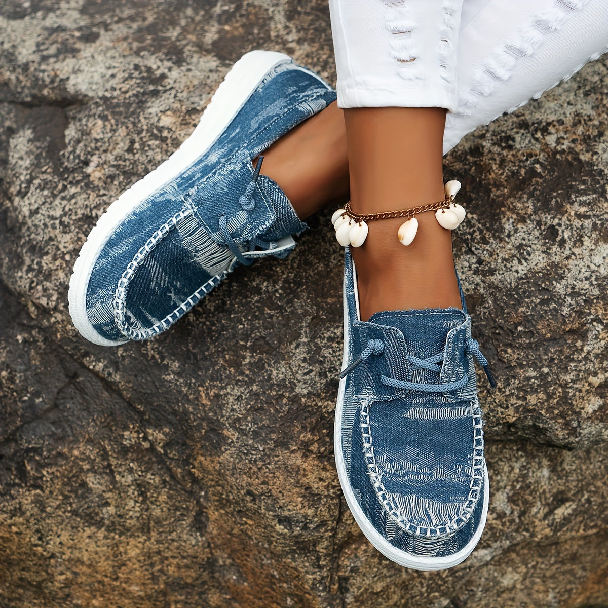Astretira | Lace-Up Flat Sneakers with Denim-Style Design
