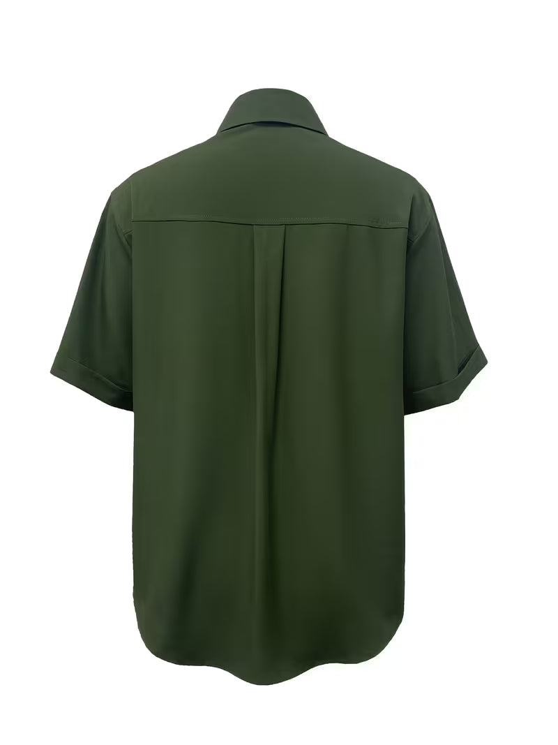 Ornilla | Short Sleeve Button Front Pocket Blouse