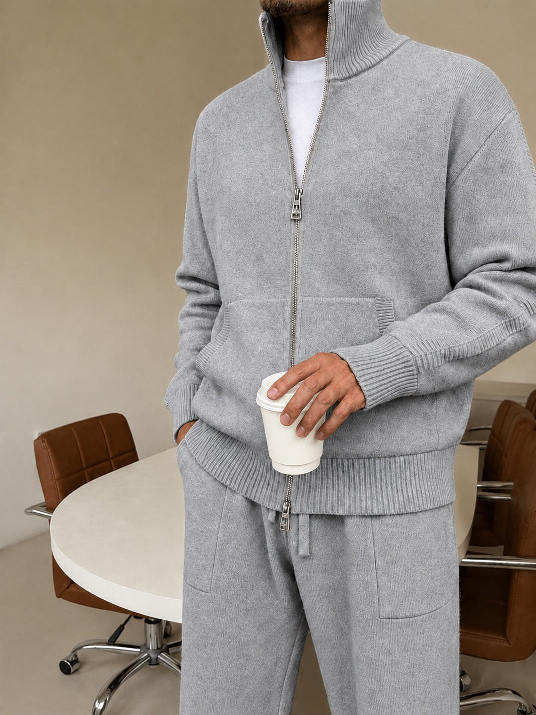 Mirjam | Tracksuit With Gray Knit Texture Stand Collar