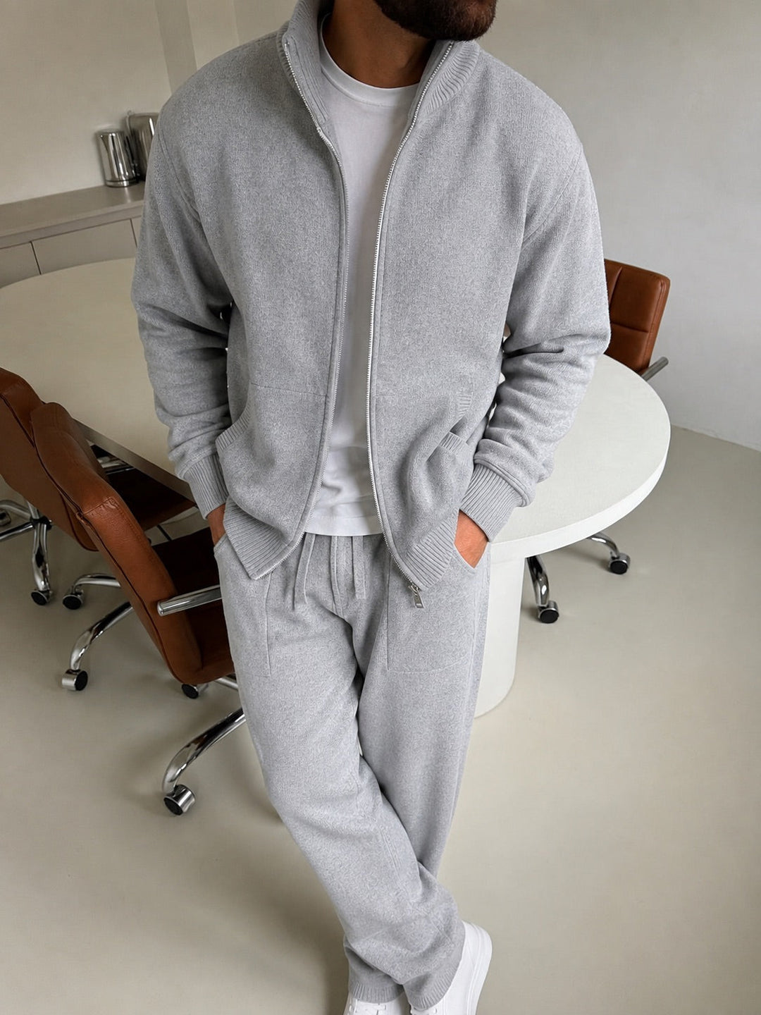 Mirjam | Tracksuit With Gray Knit Texture Stand Collar