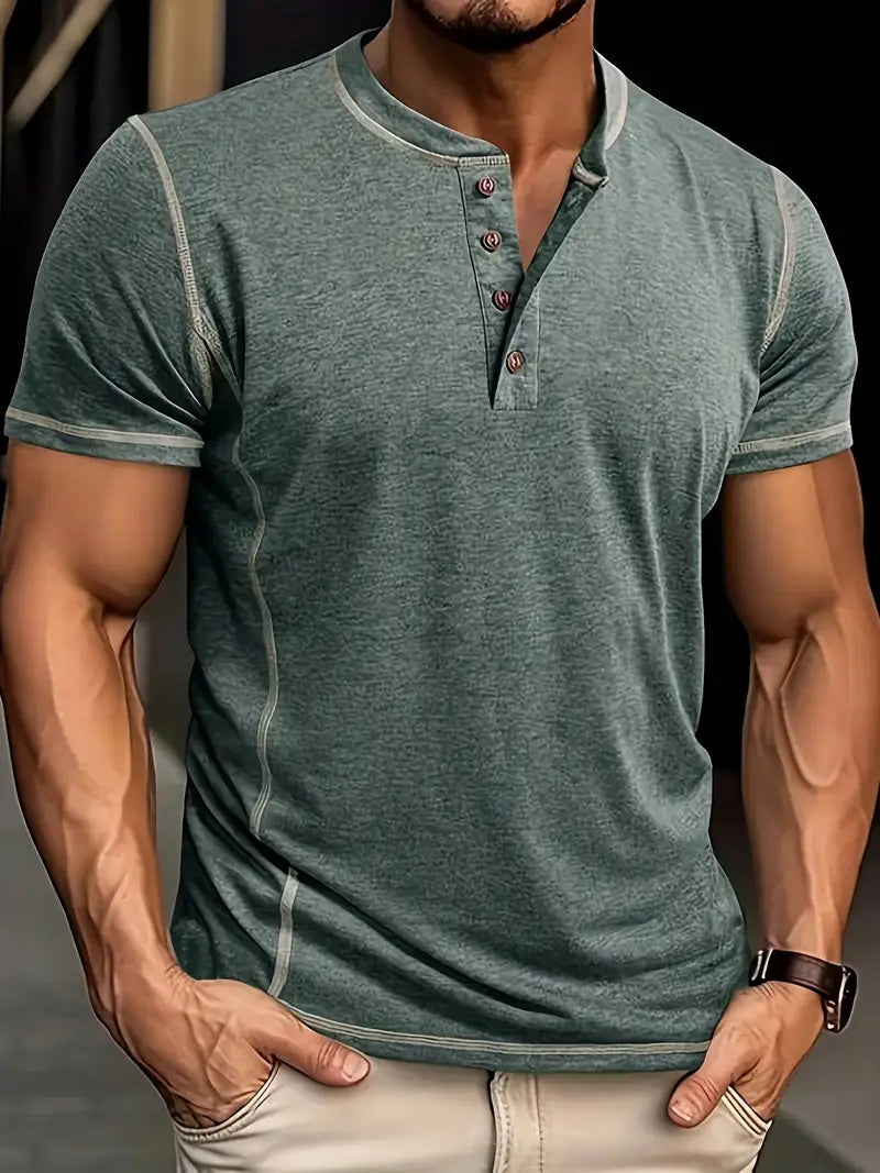 Orazio | Henley Short Sleeve Contrast Stitch Shirt