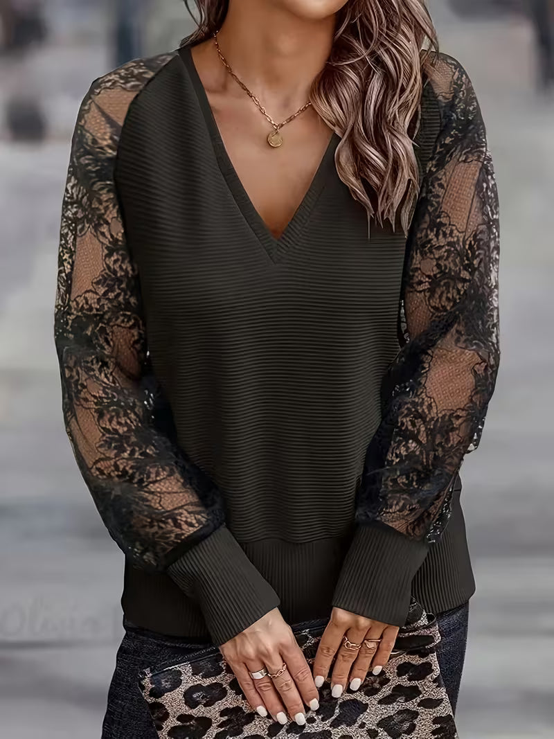 Danine | Lace Sleeve V-Neck Top in Multiple Colors