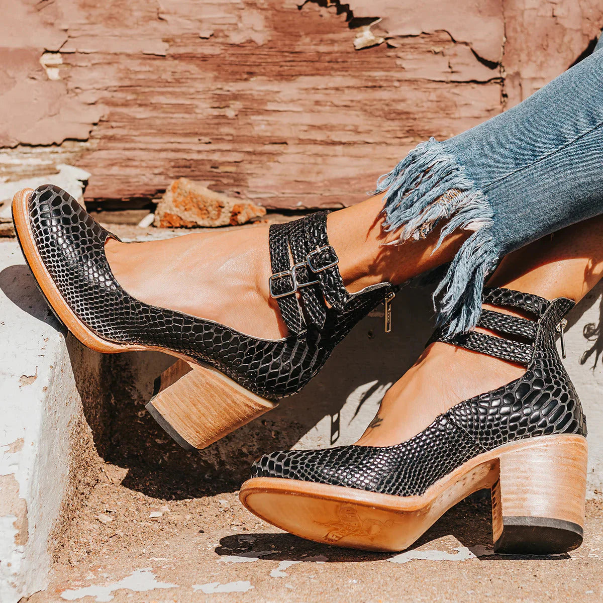 Steffie – Wooden Block Heel Ankle Strap Pumps