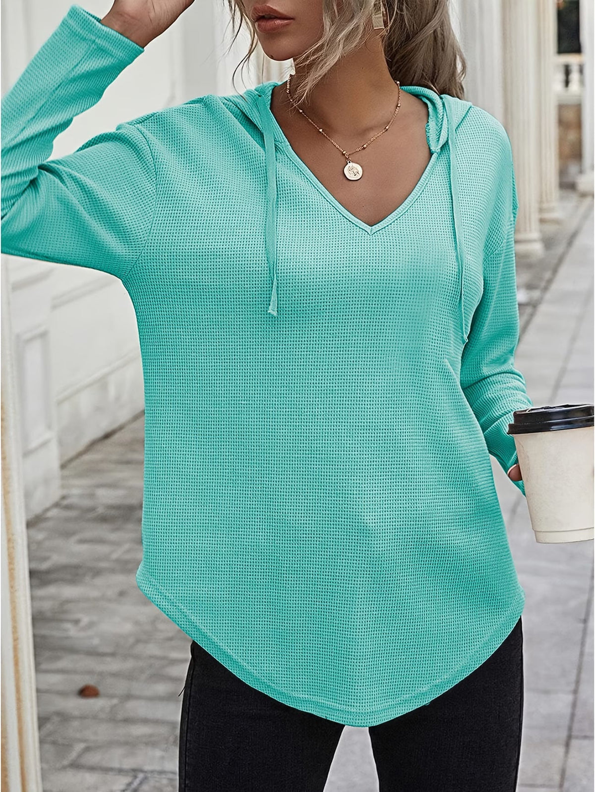 Laurette | Long Sleeve V-Neck Hoodie with Hood