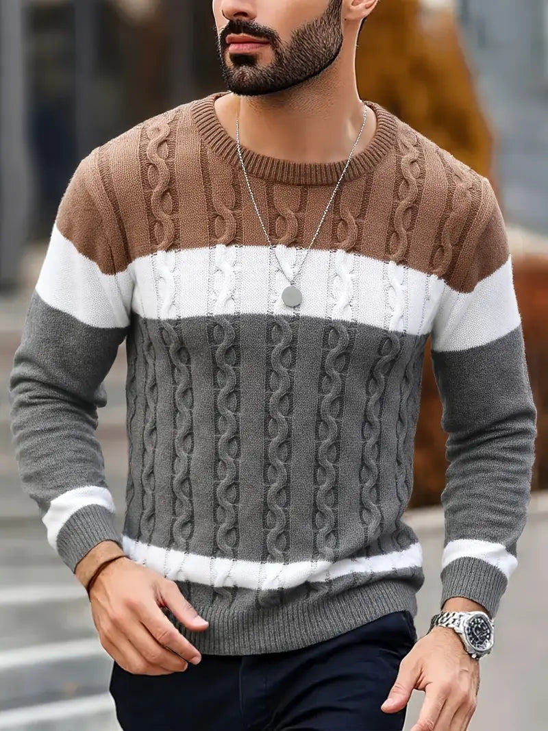 Watkins | Color Block Cable Knit Crewneck Sweater