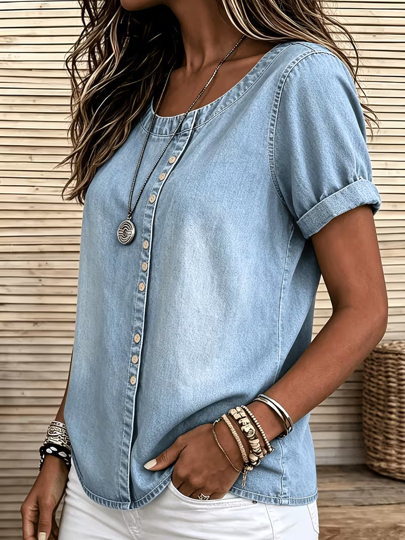 Ferina | Distressed Denim Look Short Sleeve Top