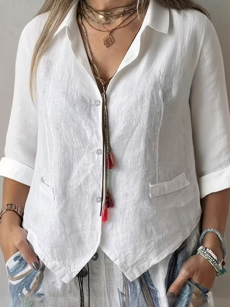 Isolde | Open Collar Short Sleeve Button Shirt