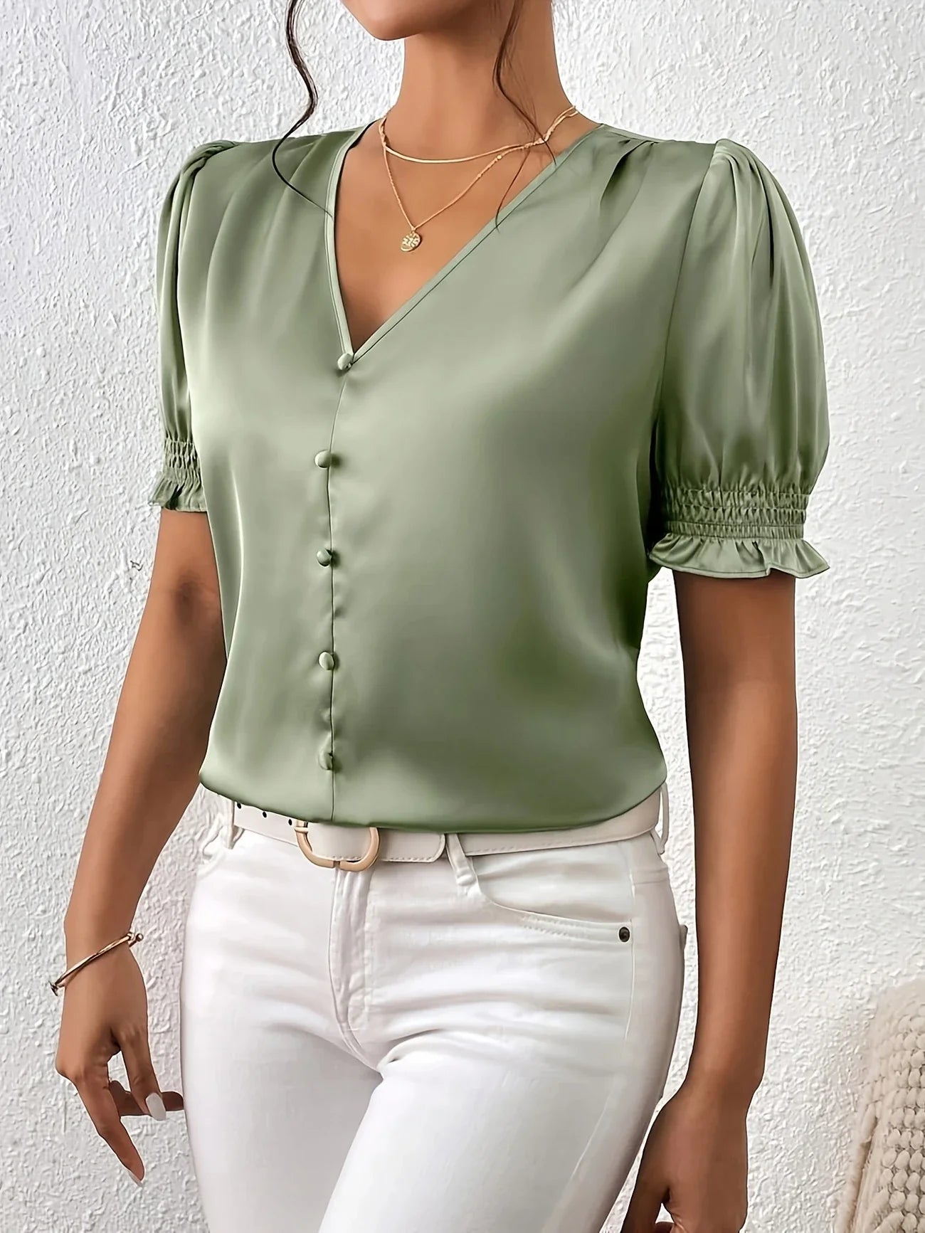 Abella | V-Neck Puff Sleeve Button Blouse