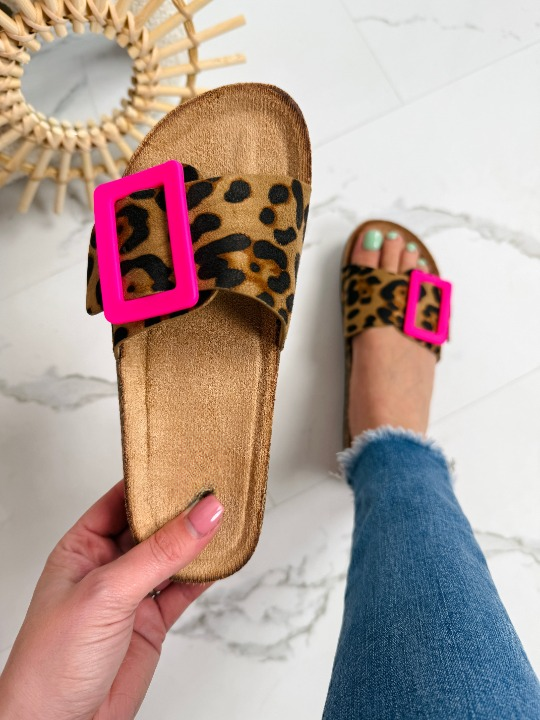 Nihya - Leopard Print Buckle Strap Slide Sandals