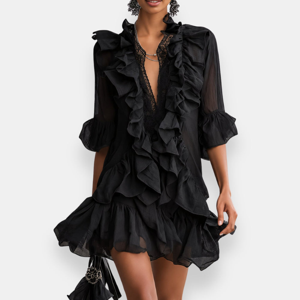 Lussina | Short Ruffle Trim V-Neck Mini Dress
