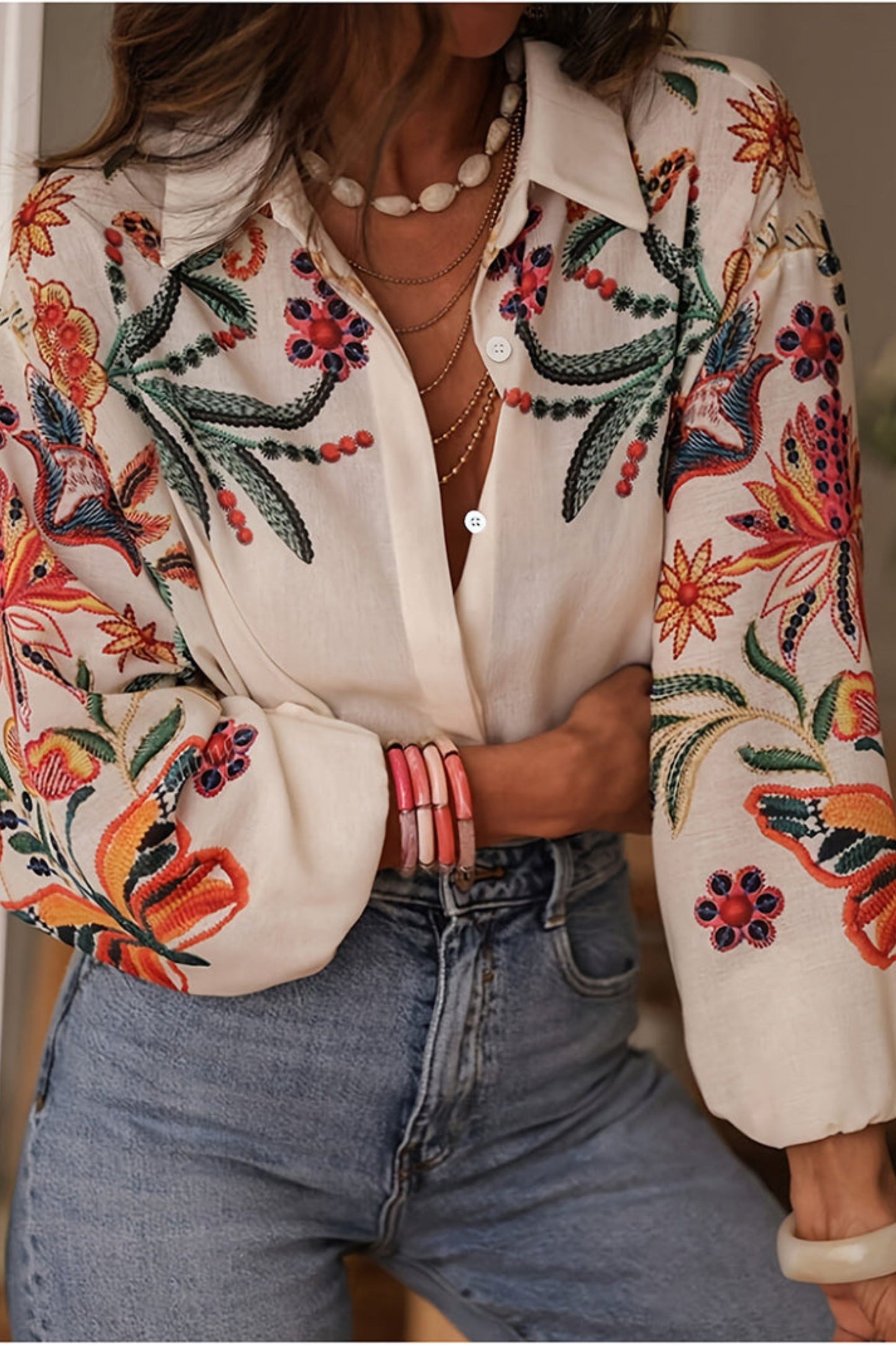 Mariluna | Floral Print Long Sleeve Button Shirt