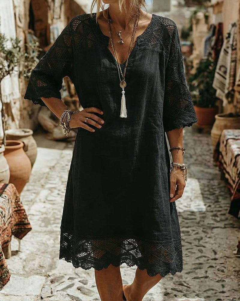 Kilina | V Neck Lace Trim Midi Dress