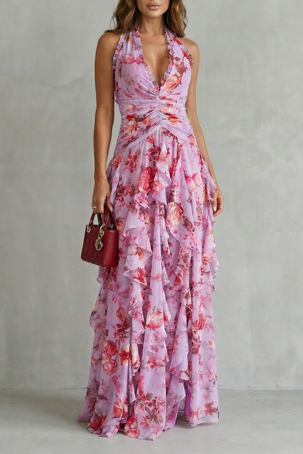 Eliora | Floral Halter Neck Ruffle Maxi Dress