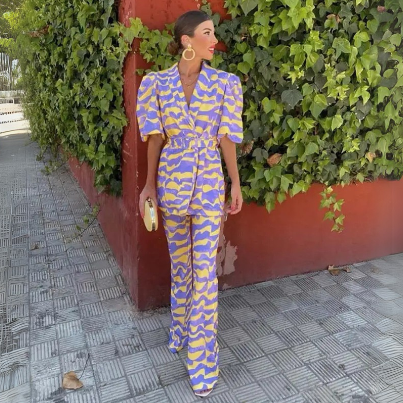 Missy | Printed Puff Sleeve Belted Pants Set