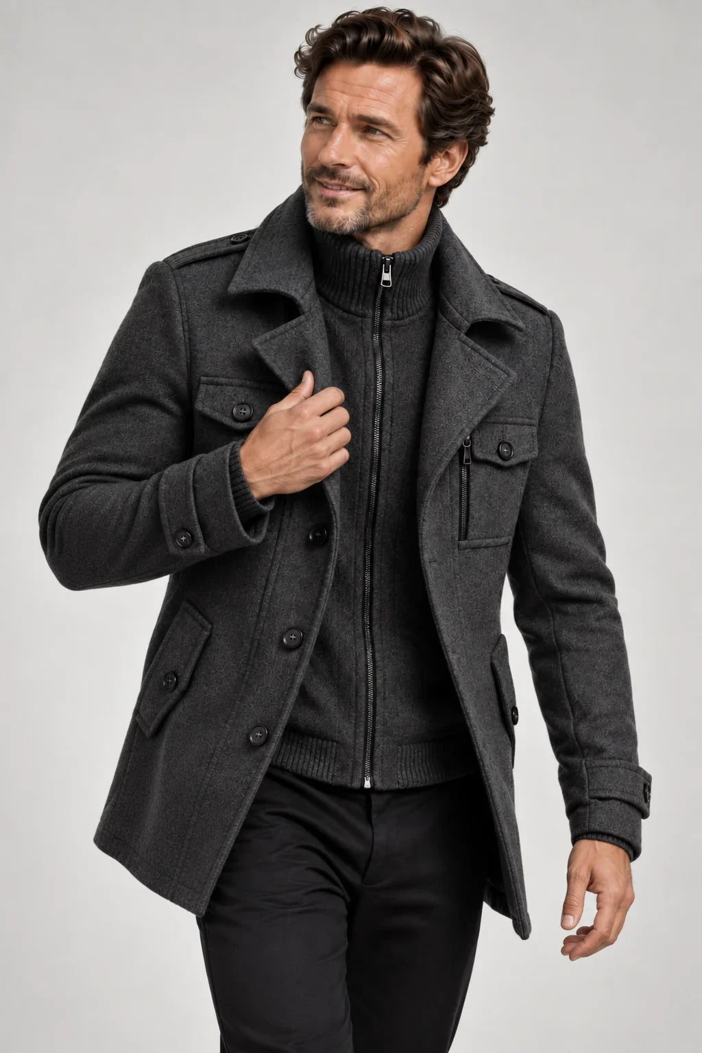 Erasmo | Coat with Notched Lapels and Ribbed Collar