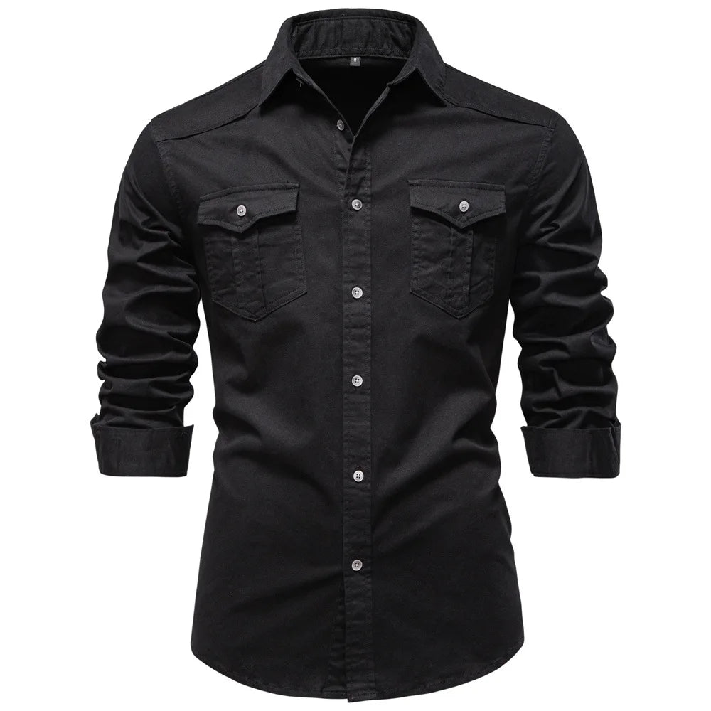 Norbwaldmir | Long Sleeve Cotton Shirt in Navy Blue