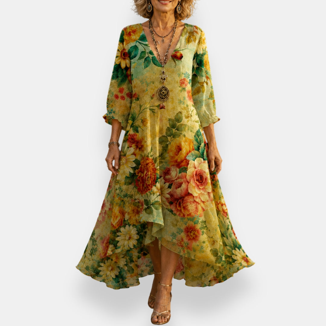 Emila | Floral V-Neck Three-Quarter Sleeve Maxi Dress