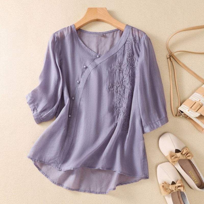Loreen - Asymmetrical Button 3/4 Sleeve Tunic Blouse