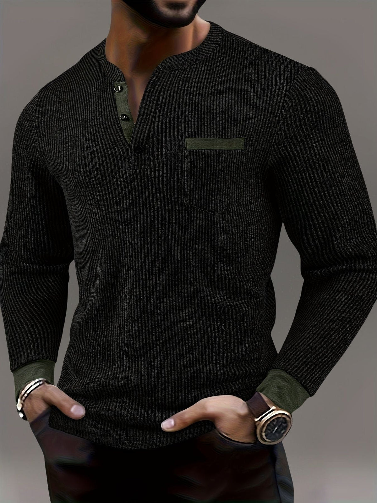 Lorcmir | Textured Striped Long Sleeve Henley Shirt