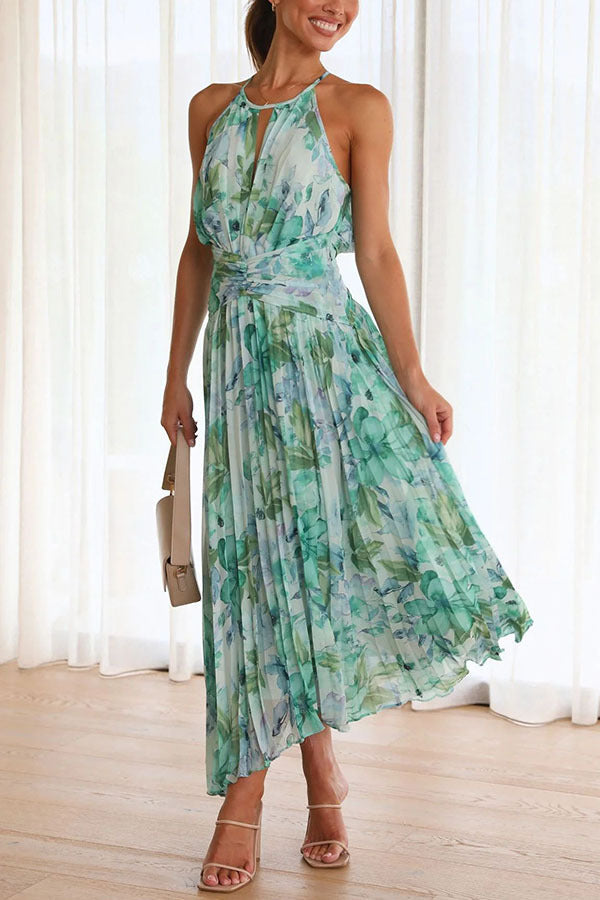 Monyca | Floral Halter Neck Pleated Midi Dress