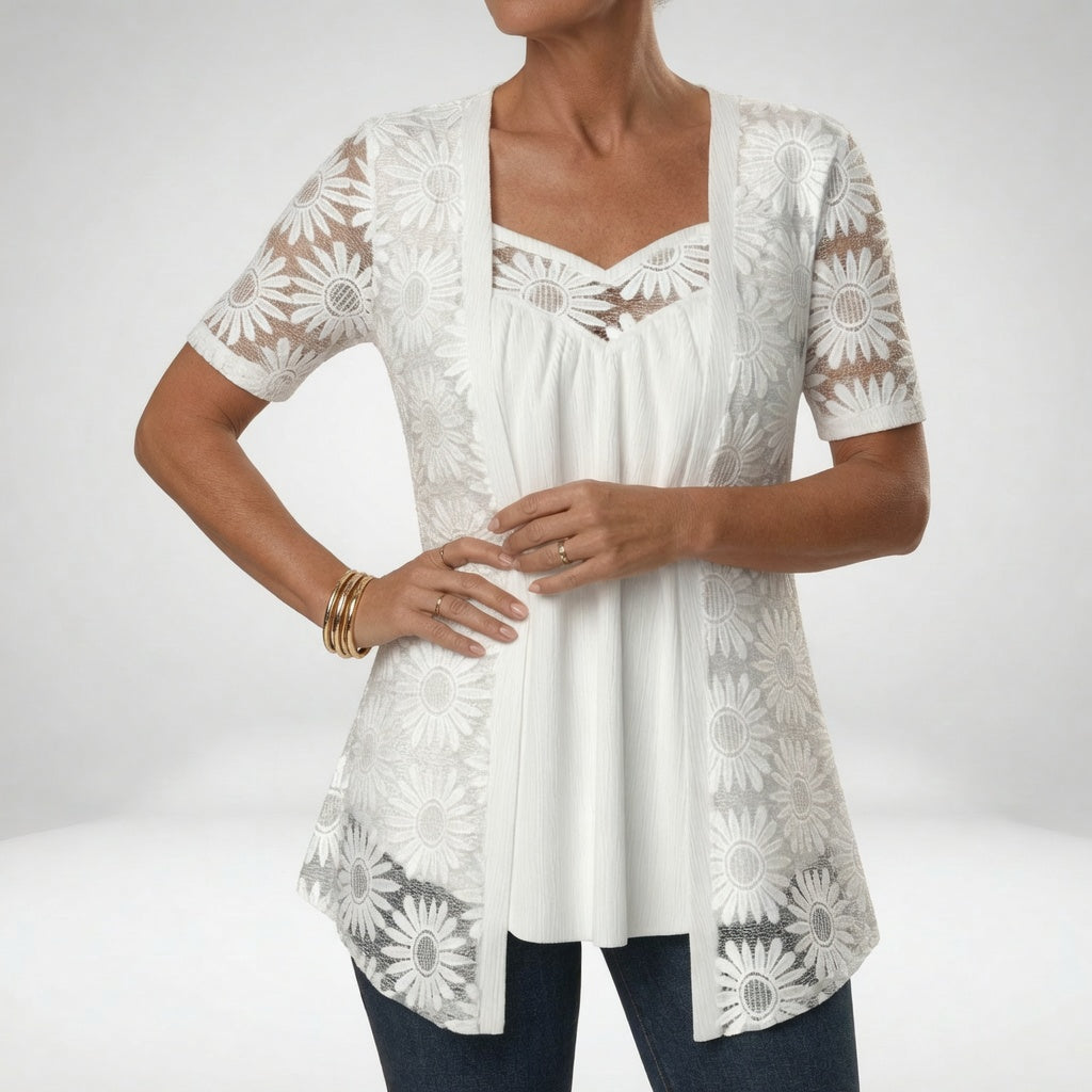 Linnia | Tunic Top White Floral Lace Overlay