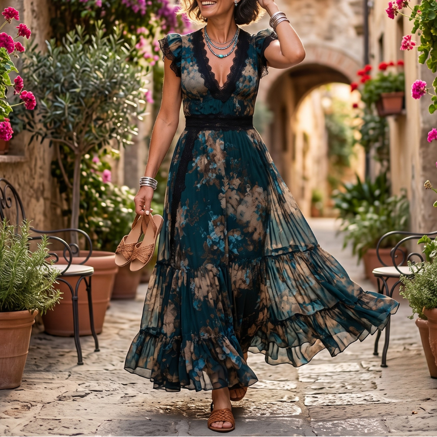 Erin | Maxi Dress Floral Print Ruffled V-Neck
