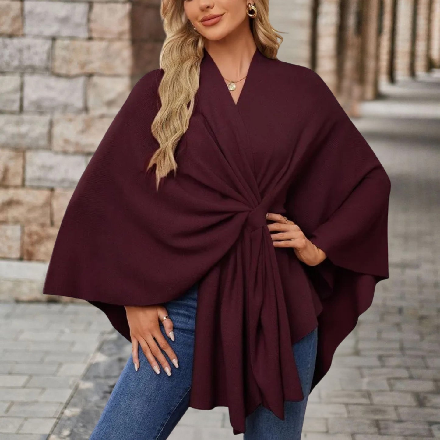 Helin | V-Neck Knotted Front Wrap Poncho