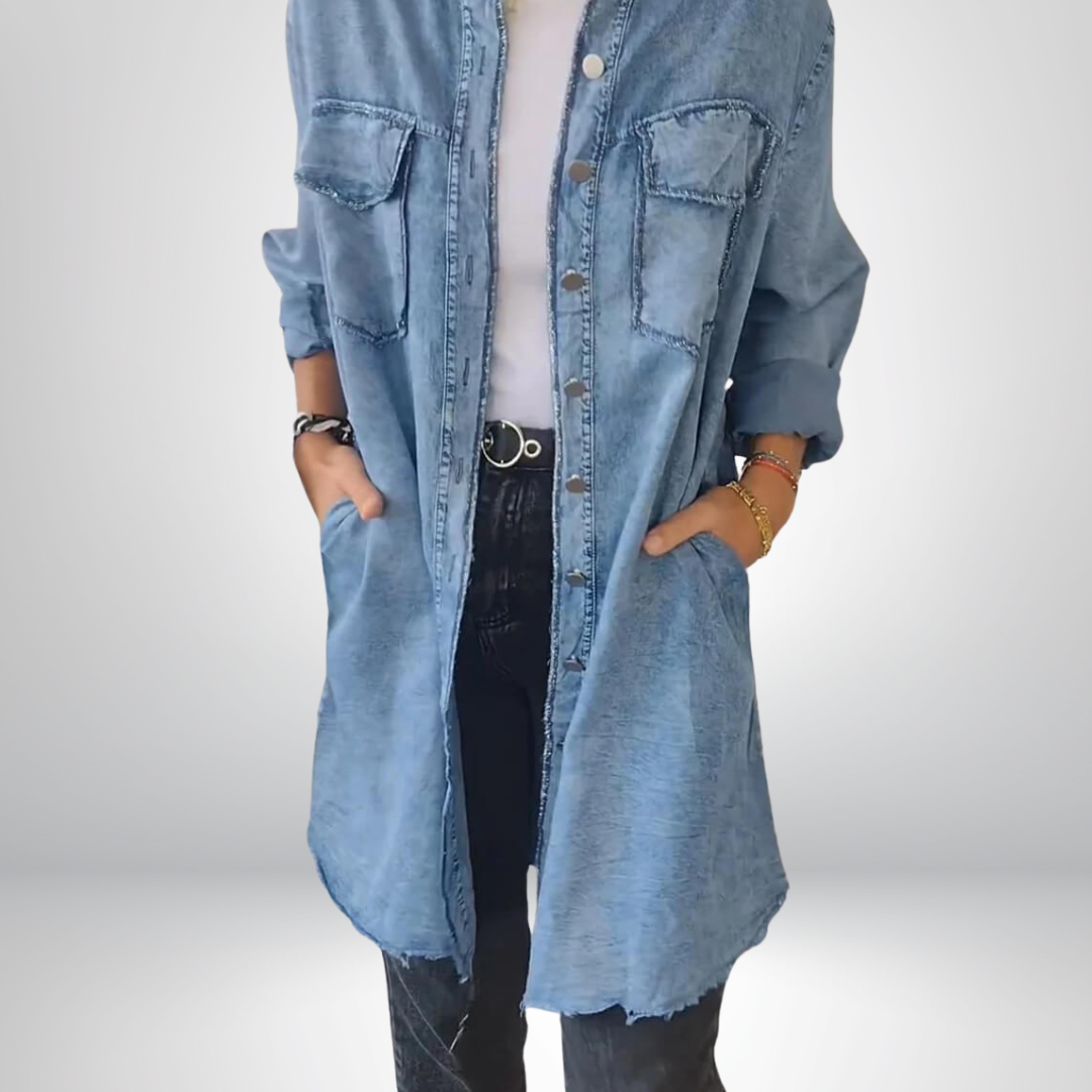 Krystyna | Denim Jacket Longline Collared Button-Front Style