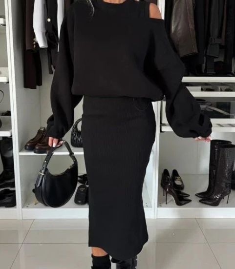 Martha | Two-Piece Cold-Shoulder Sweater Midi Skirt Set