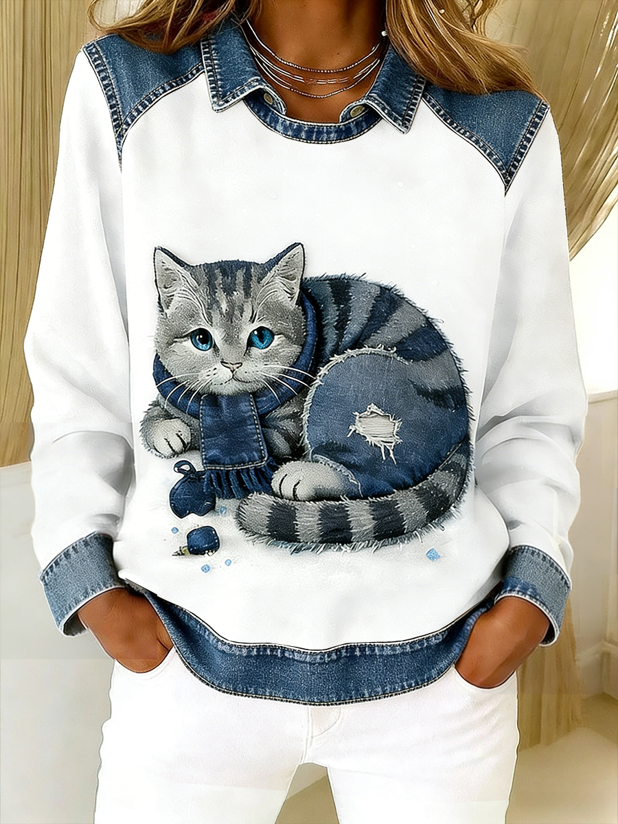 Eponin - Cat Print Denim Trim Sweatshirt