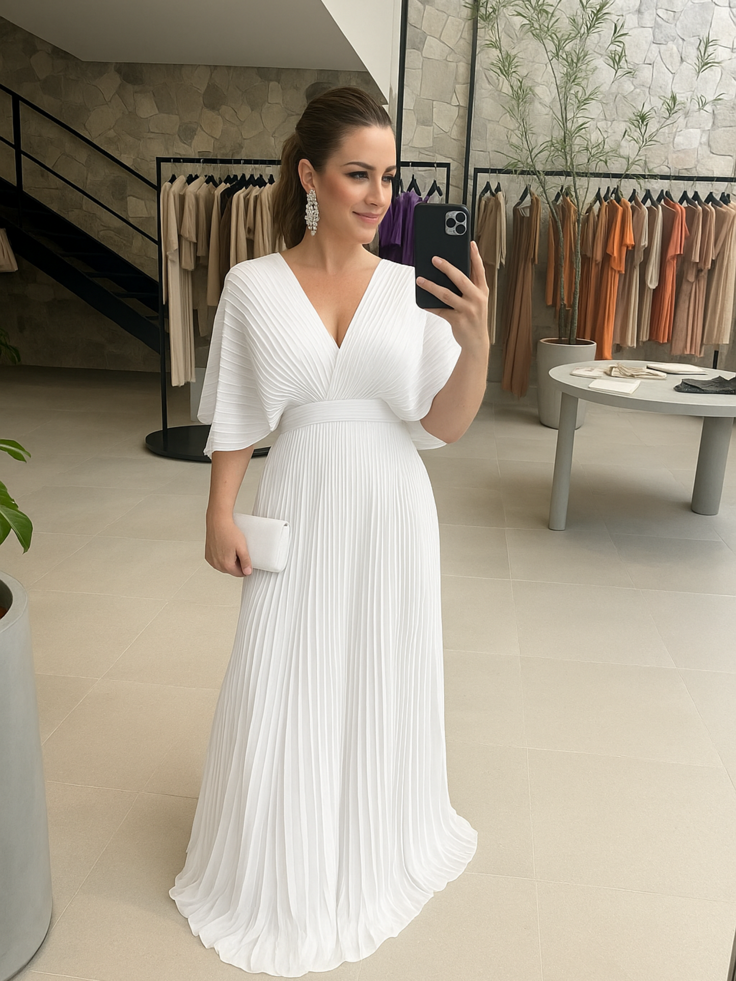 Valerija - Pleated V Neck Maxi Dress Short Sleeve
