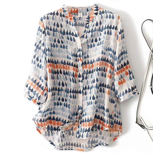 Rusina - Printed V Neck Button Front Blouse