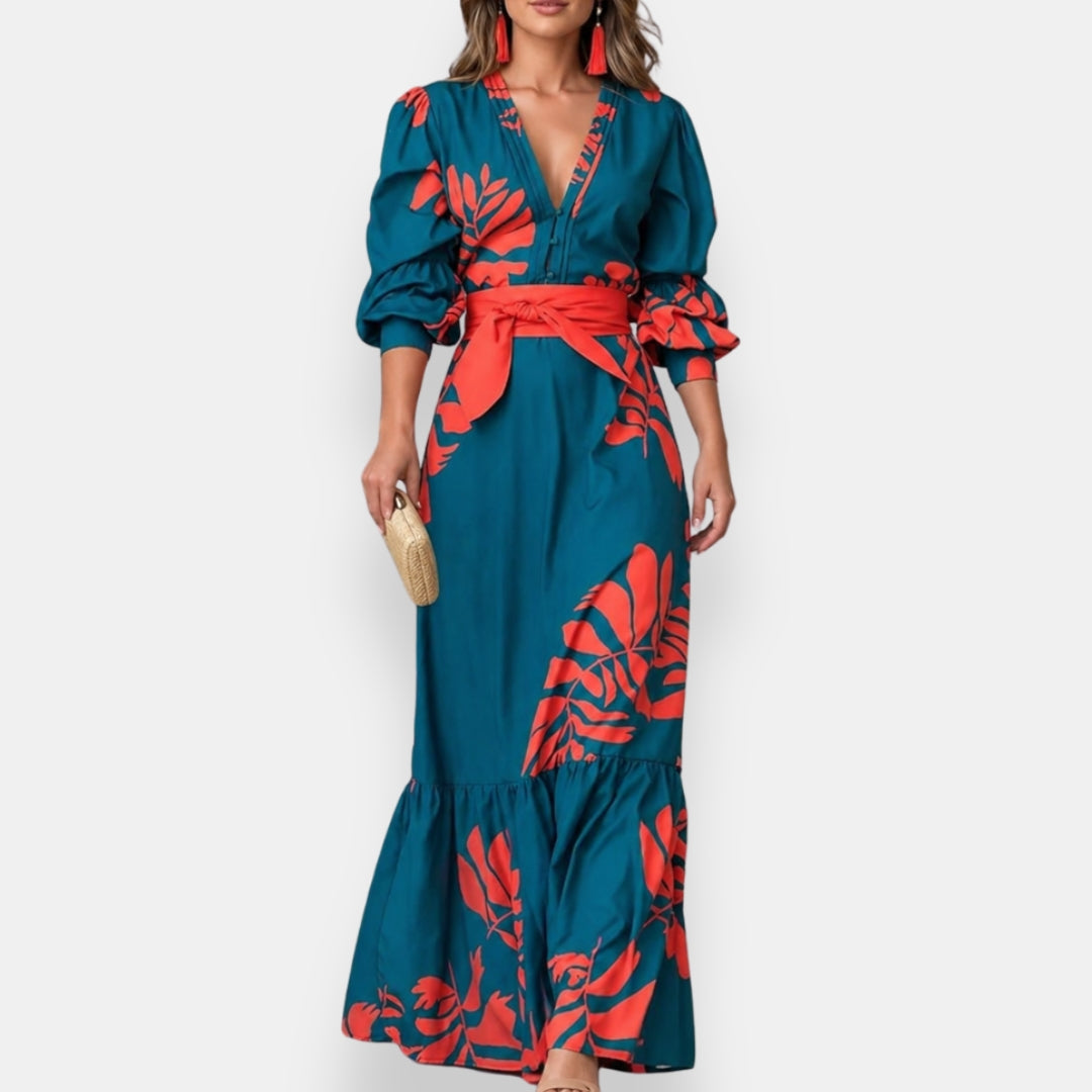 Hacire | Maxi Dress Teal Floral V-Neck Belted