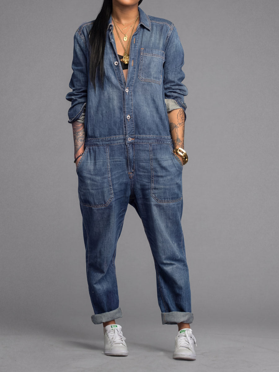 Ravina - Button Front Long Sleeve Utility Jumpsuit