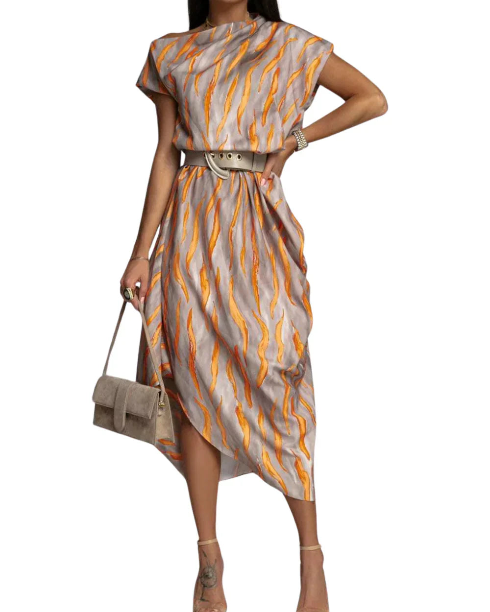 Angie - Asymmetric Printed Midi Dress Belted