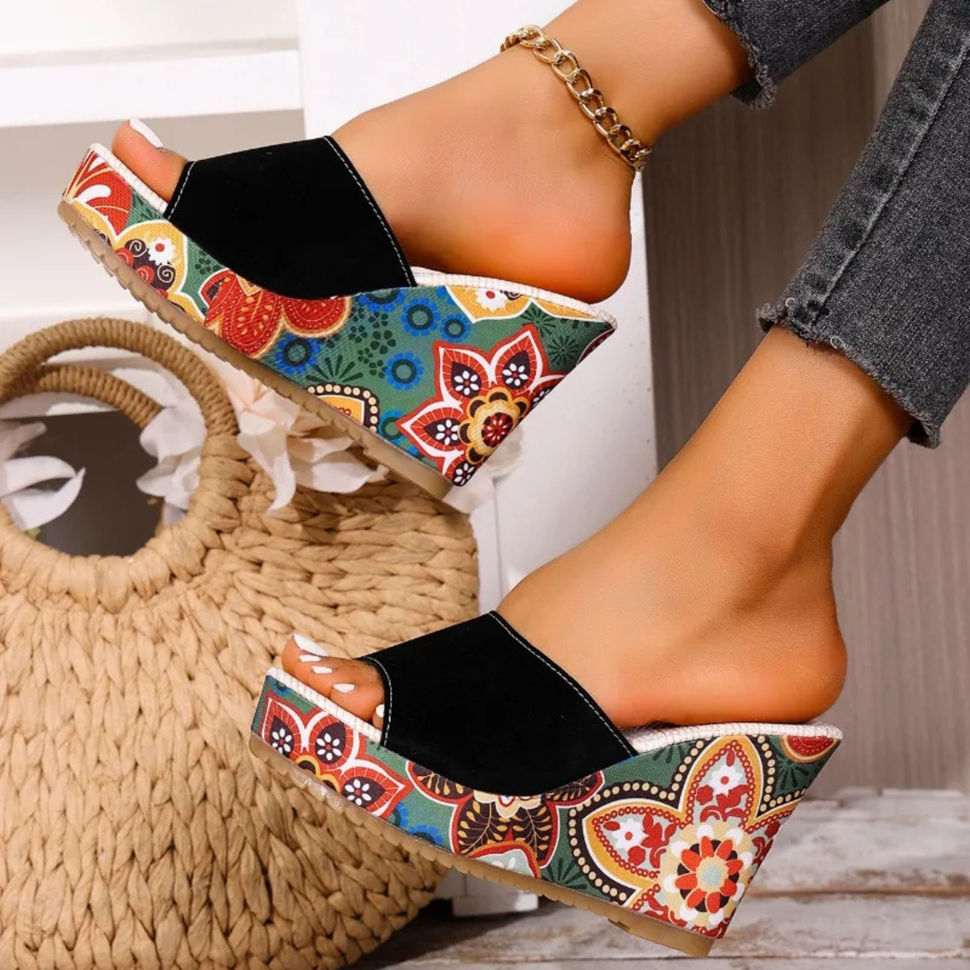 Laerke - Floral Print Platform Wedge Slide Sandals