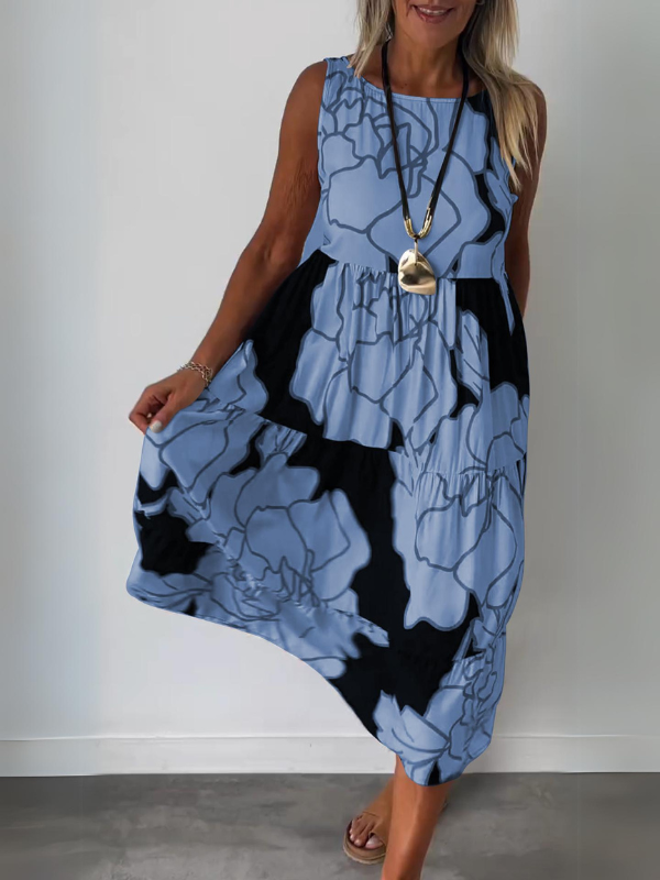 Hertha | Sleeveless Floral Print Tiered Midi Dress