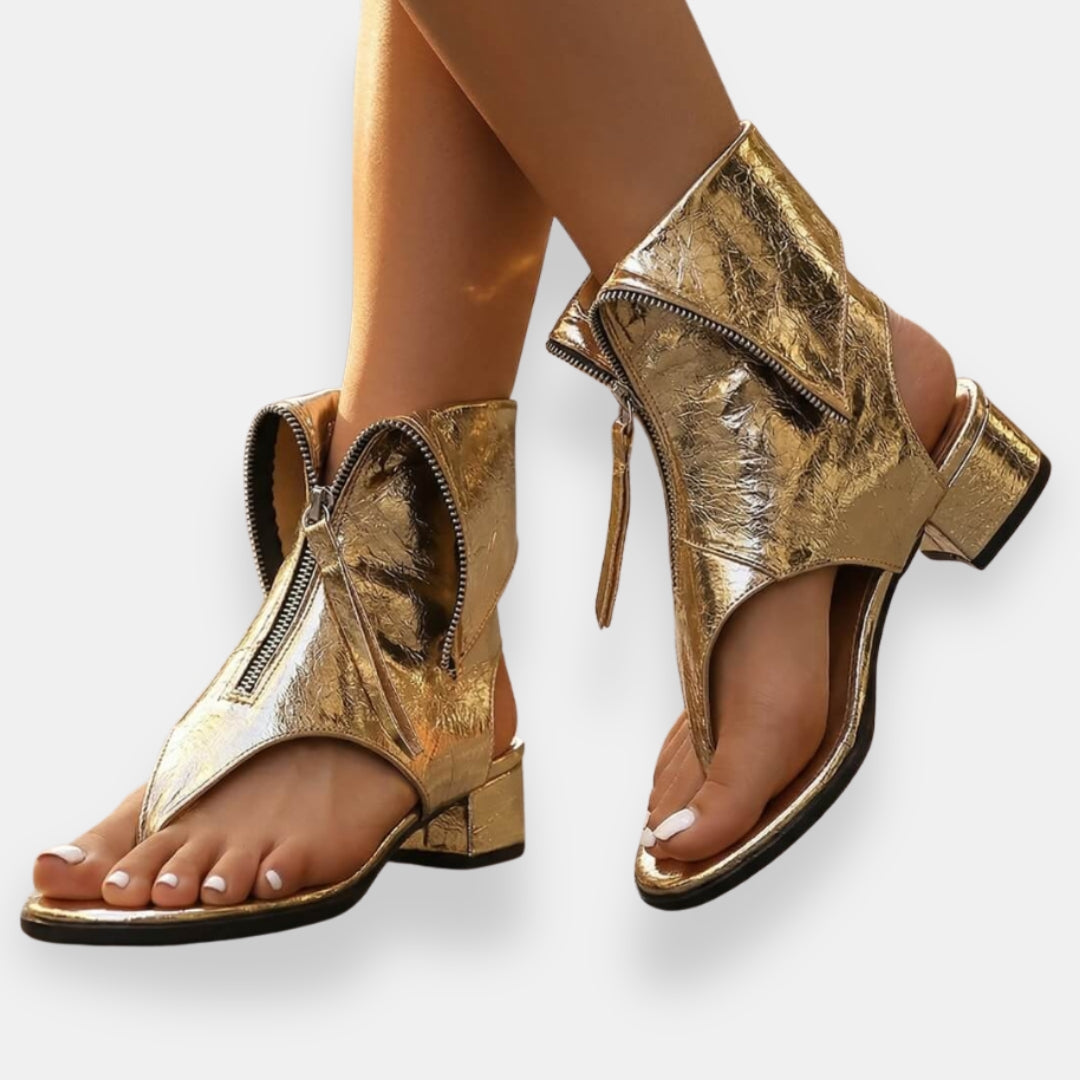 Sadiya | Metallic Open Toe Zip Block Sandals