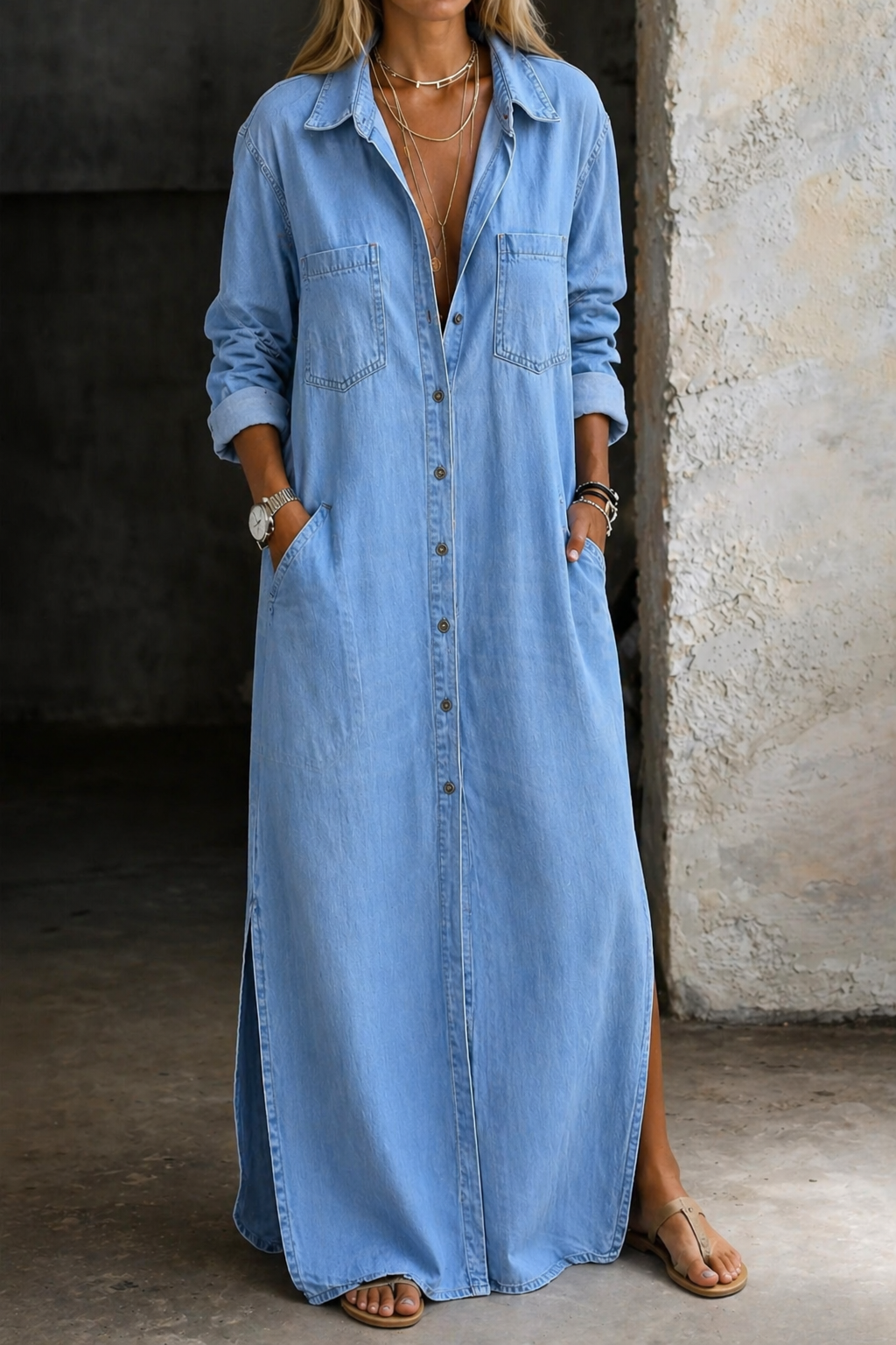 Noshina | Maxi Shirt Dress Button Front Long Sleeve