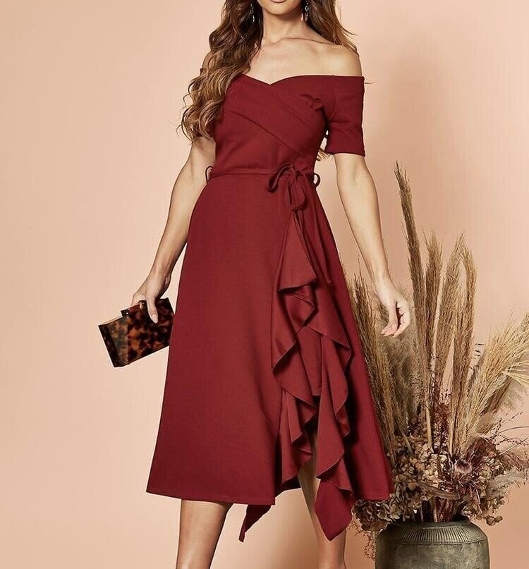 Valerie |  Dress Off-Shoulder Ruffle Wrap Midi