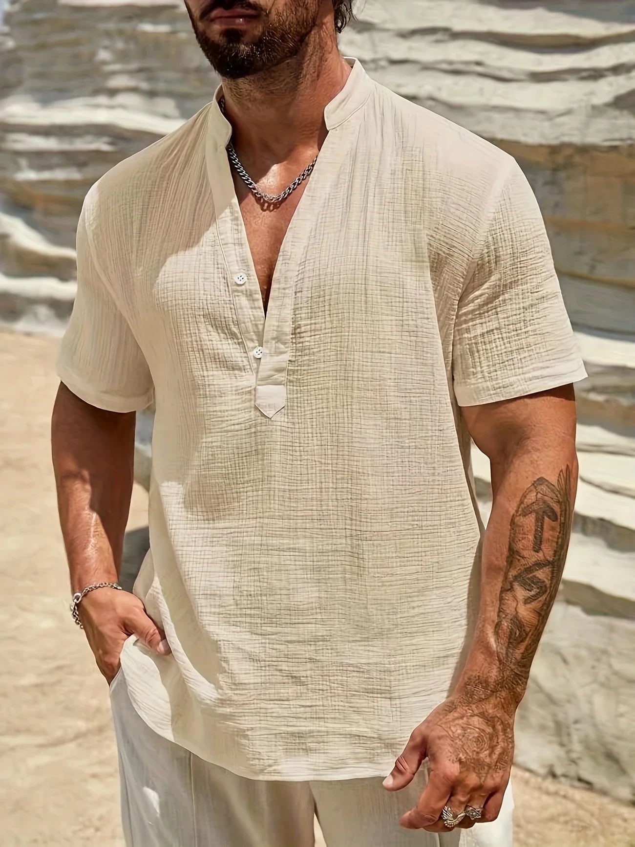 Sancho | Short Sleeve Stand Collar Henley Shirt