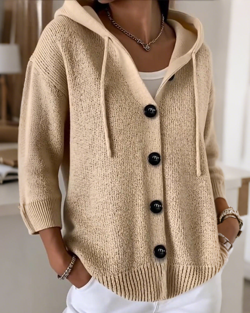 Noreen | Cardigan Beige Hooded Button-Front Knitted Long Sleeve