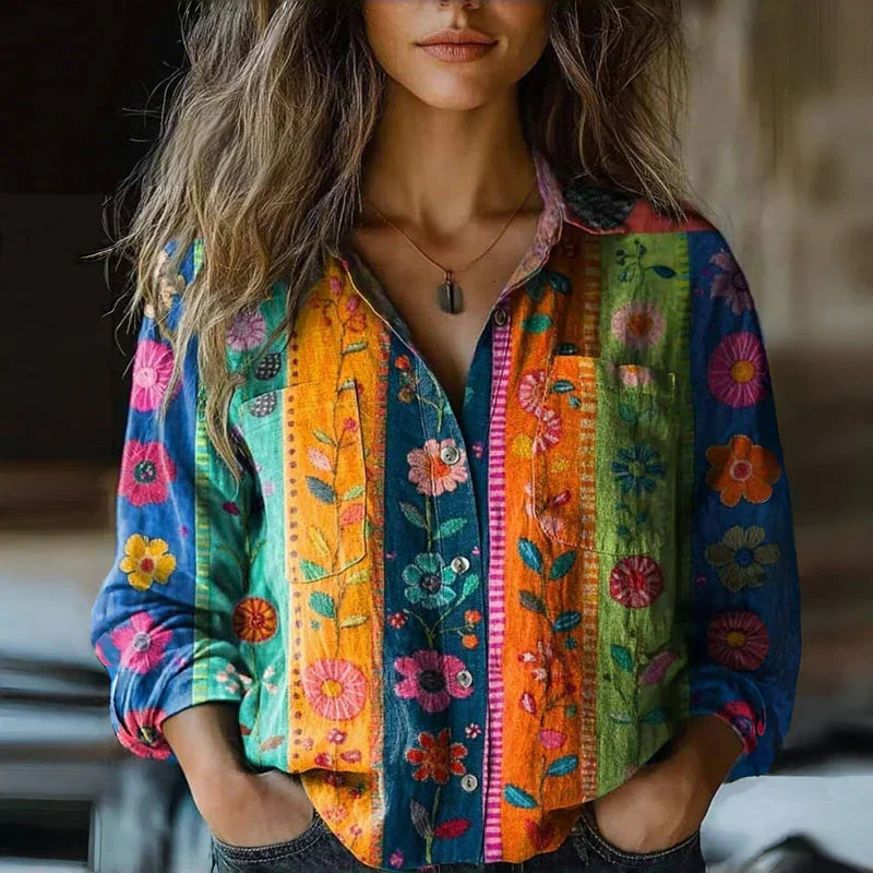 Morena | Blouse Red Printed Button Front Top