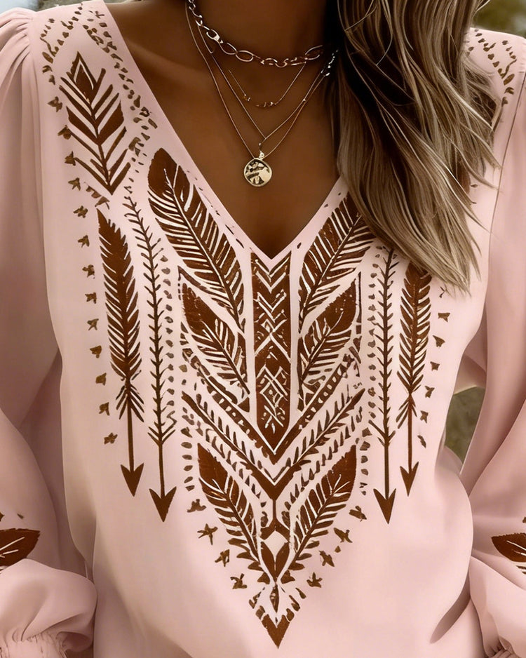 Grazina | Printed V Neck Puff Blouse