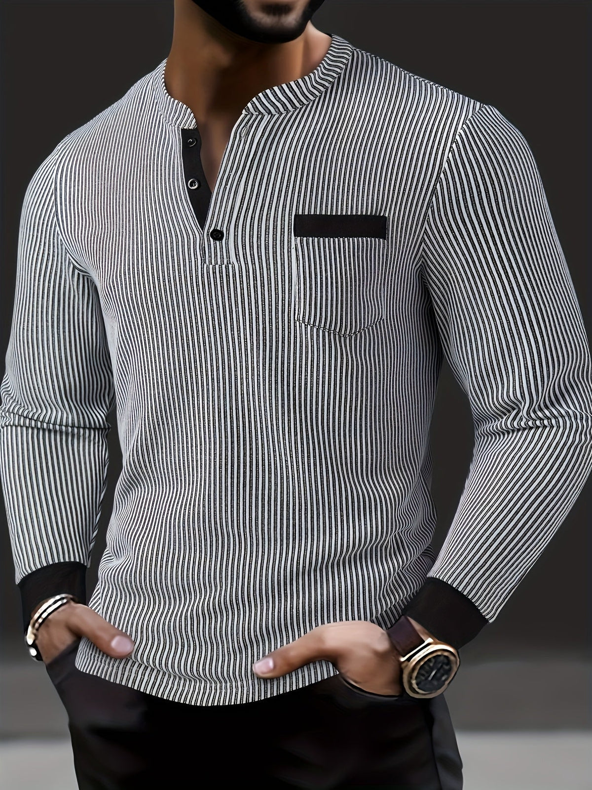 Lorcmir | Textured Striped Long Sleeve Henley Shirt